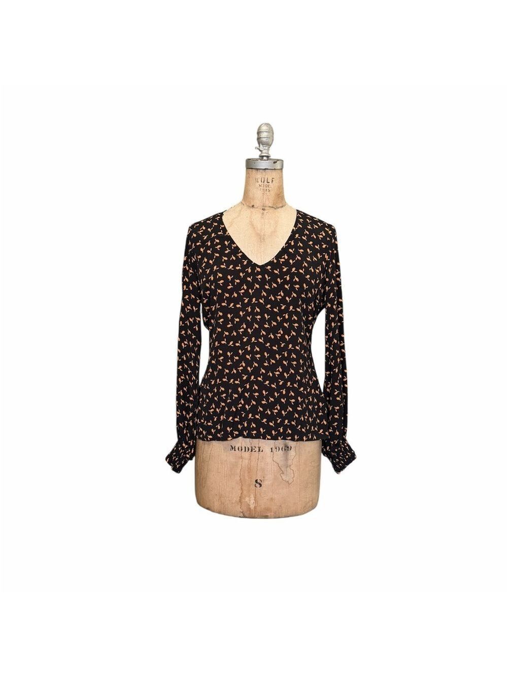 Just Female Venda Women's Black and Orange Snowberry Leaf Patterned Top XS EUC